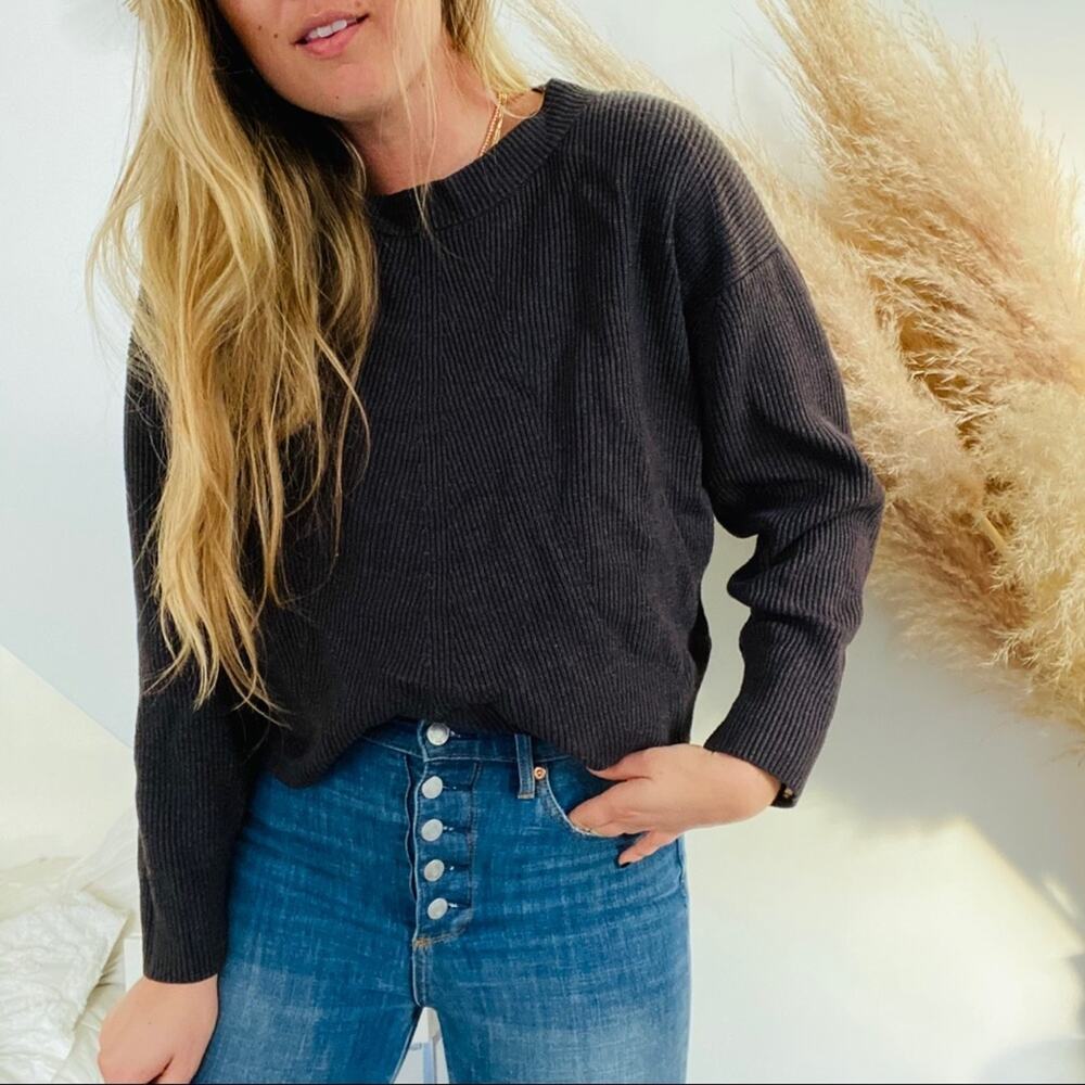 ZARA Crew Neck Charcoal Grey Pullover Chunky Knit Cozy Oversized Rib Sweater S
